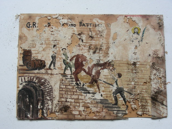 Rivalta di Torino (TO) Chiesa dei Santi Vittore e Corona Ex voto Incidente agricolo - Tempera su carta Prima del restauro Soseishi