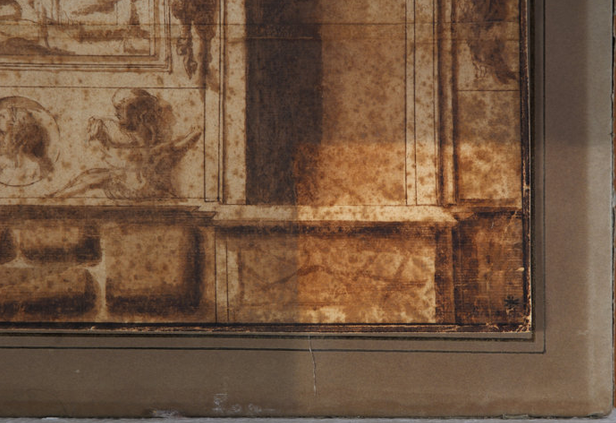Galleria Sabauda di Torino Peruzzi B. Progetto di facciata di una casa Disegno su cartoncino Durante il restauro Tassello di pulitura superficiale- Recto