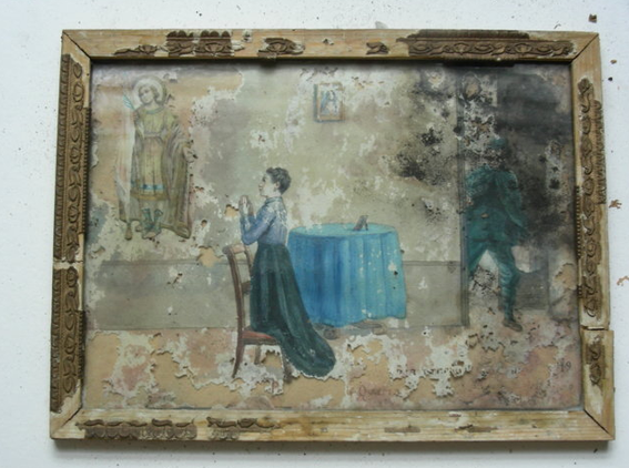 Rivalta di Torino (TO) Chiesa dei Santi Vittore e Corona Ex voto Prigionia Tempera su carta Prima del restauro