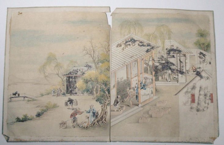 Museo Garda di Ivrea (TO) Album cinese Raccolta di pitture della lavorazione, del trasporto e del commercio del tè Inchiostro sumi e acquerello su carta Prima del restauro