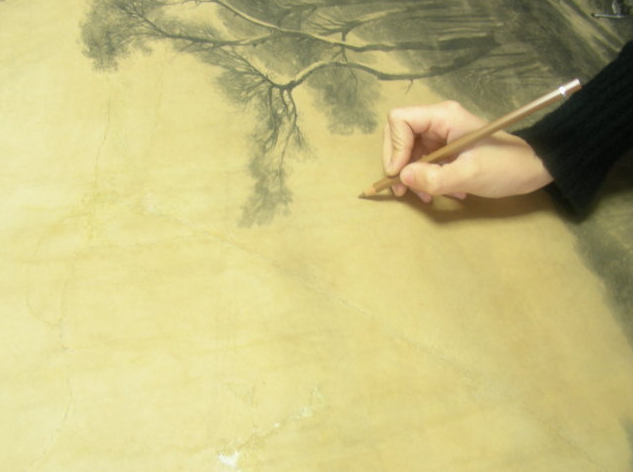 Galleria d’Arte Moderna di Torino Perotti E. La pineta di Ostia 1865 Alleggerimento del disturbo ottico delle abrasioni superficiali con acquerelli Winsor&Newton carboncino e pastello