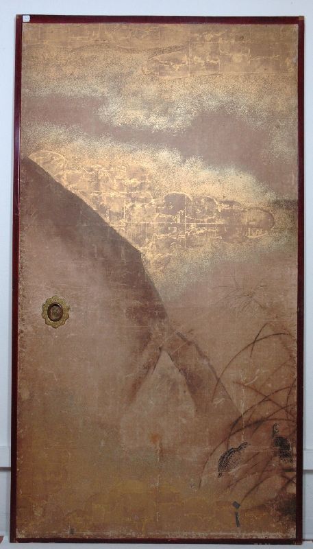 Proprietà privata Anta scorrevole giapponese Pigmenti e foglia d'oro su carta Prima del restauro