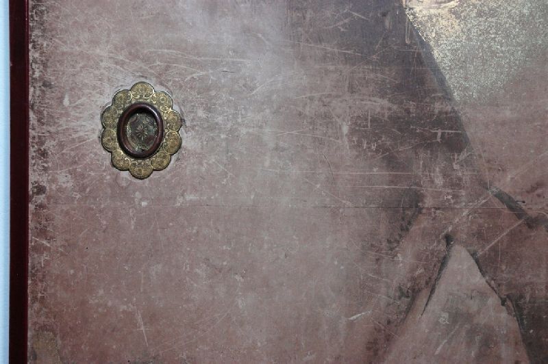 Proprietà privata Anta scorrevole giapponese Pigmenti e foglia d'oro su carta Prima del restauro Soseishi Torino Particolare abrasioni superficiali