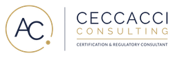 Logo di CECCACCI Consulting con monogramma “AC” oro e blu navy e slogan di consulenza in materia di certificazione e regolamentazione.