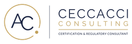 Logo di CECCACCI Consulting con monogramma “AC” oro e blu navy e slogan di consulenza in materia di certificazione e regolamentazione.