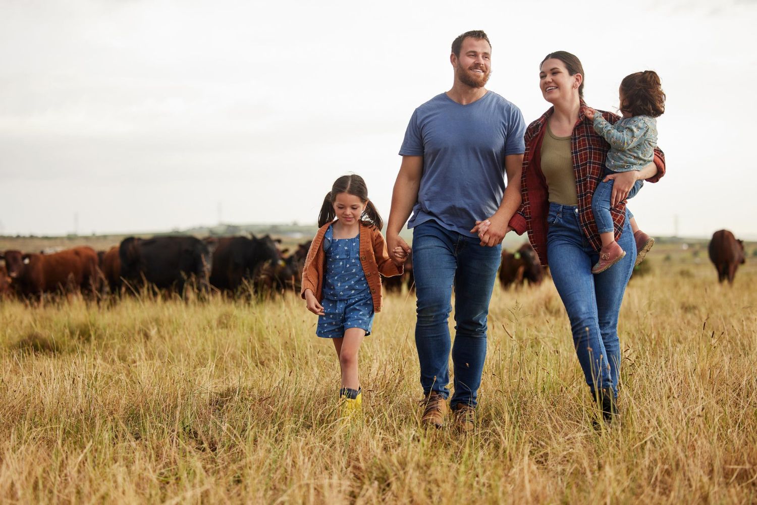 Family walking through grassy field with cattle, smiling.