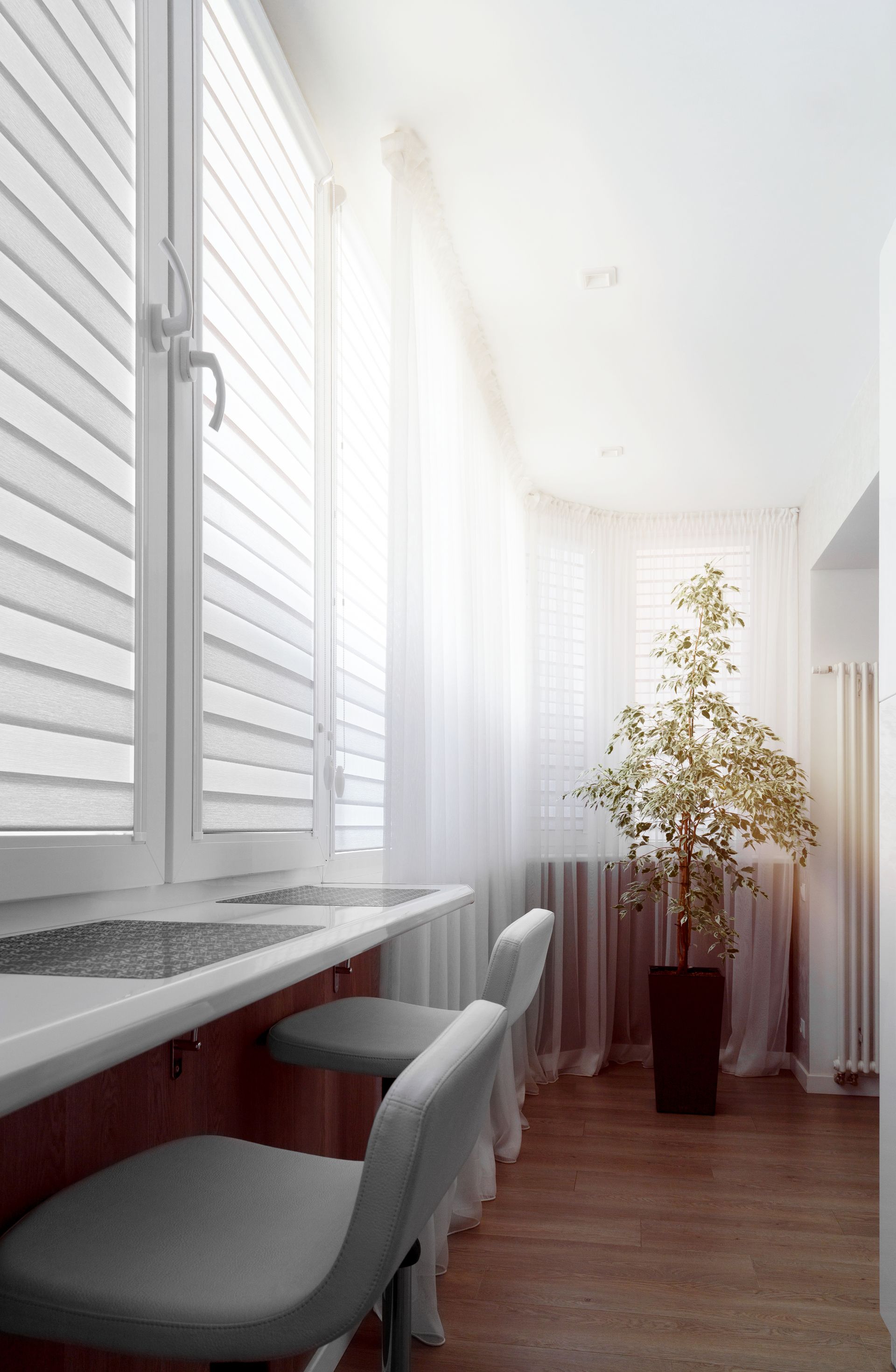 A balcony with a desk and chairs and a potted plant.