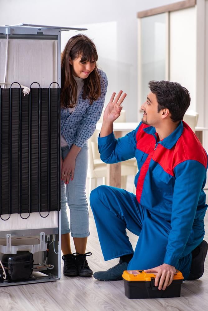 Skilled Person Discussing with Women About Refrigerator — North West Heating, Cooling and Refrigeration in Taminda, NSW