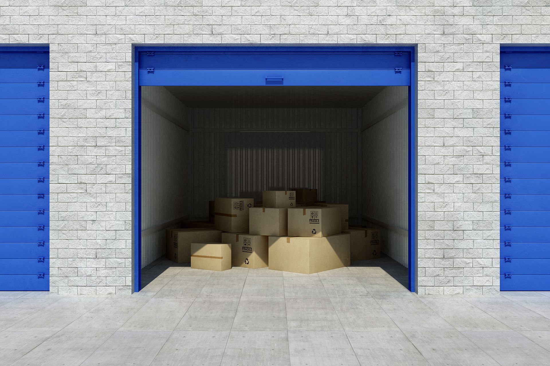 A long hallway filled with rows of storage units with their doors open.