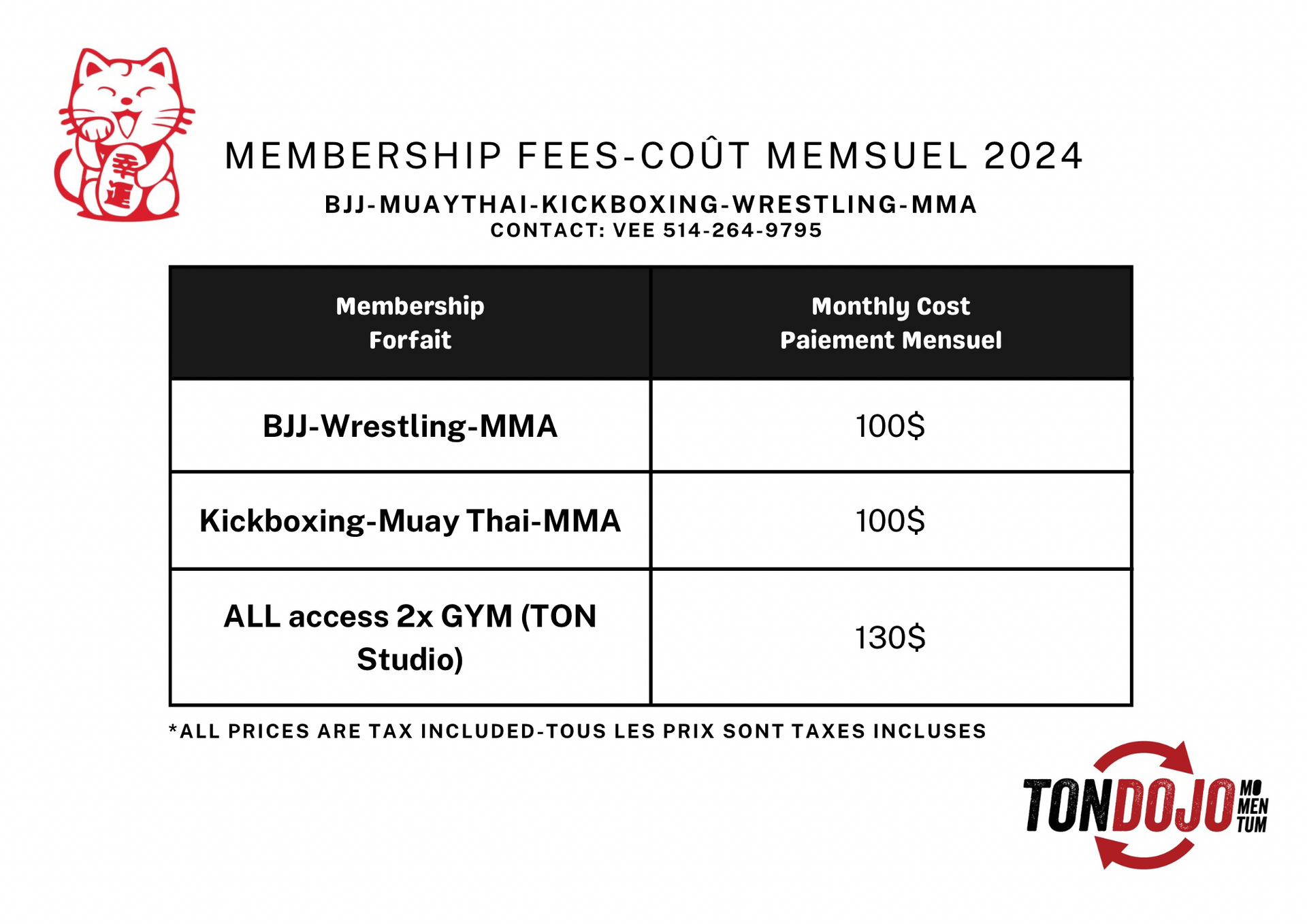 A table showing the membership fees for various martial arts.