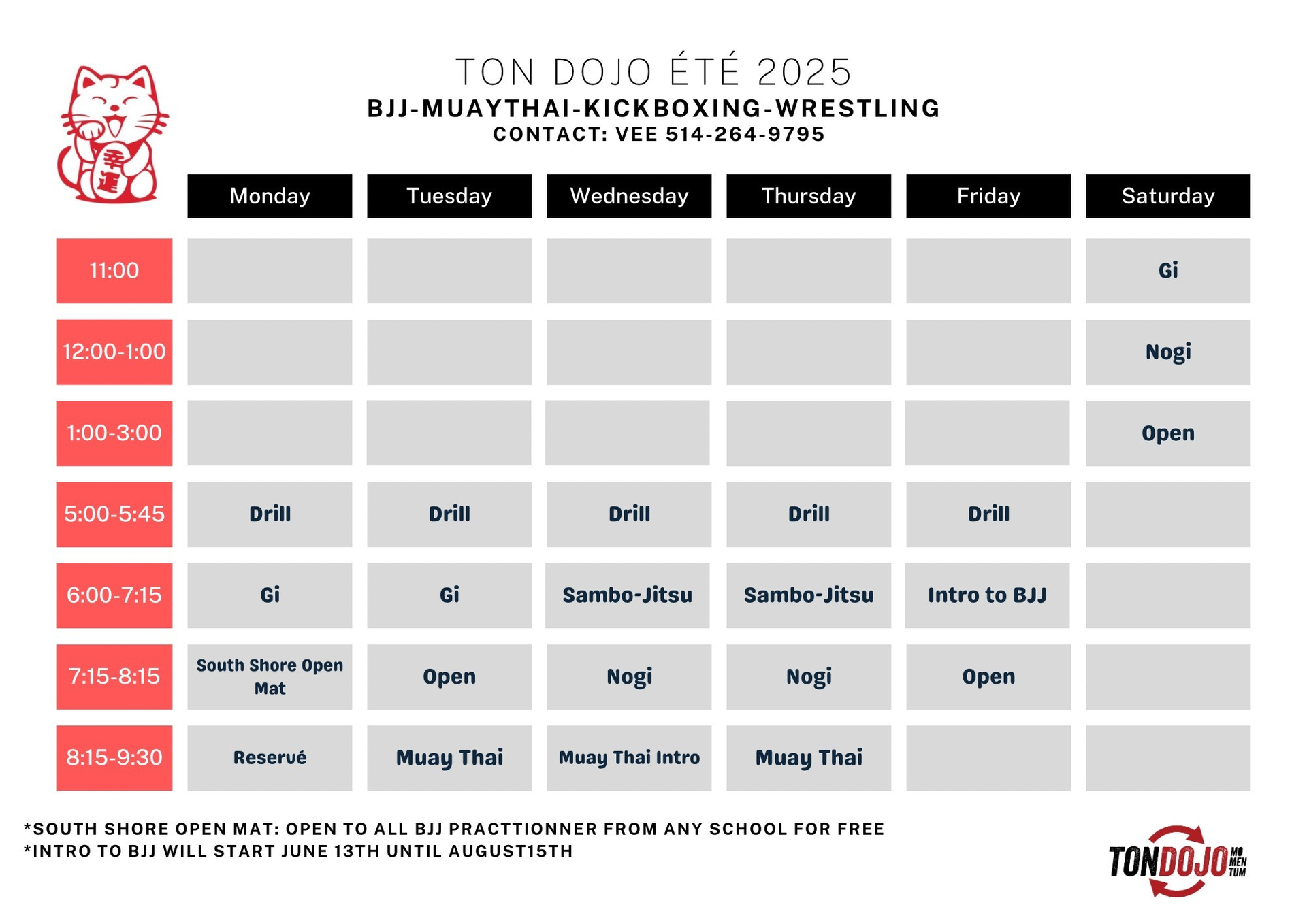 A schedule for a martial arts school with a lucky cat on it