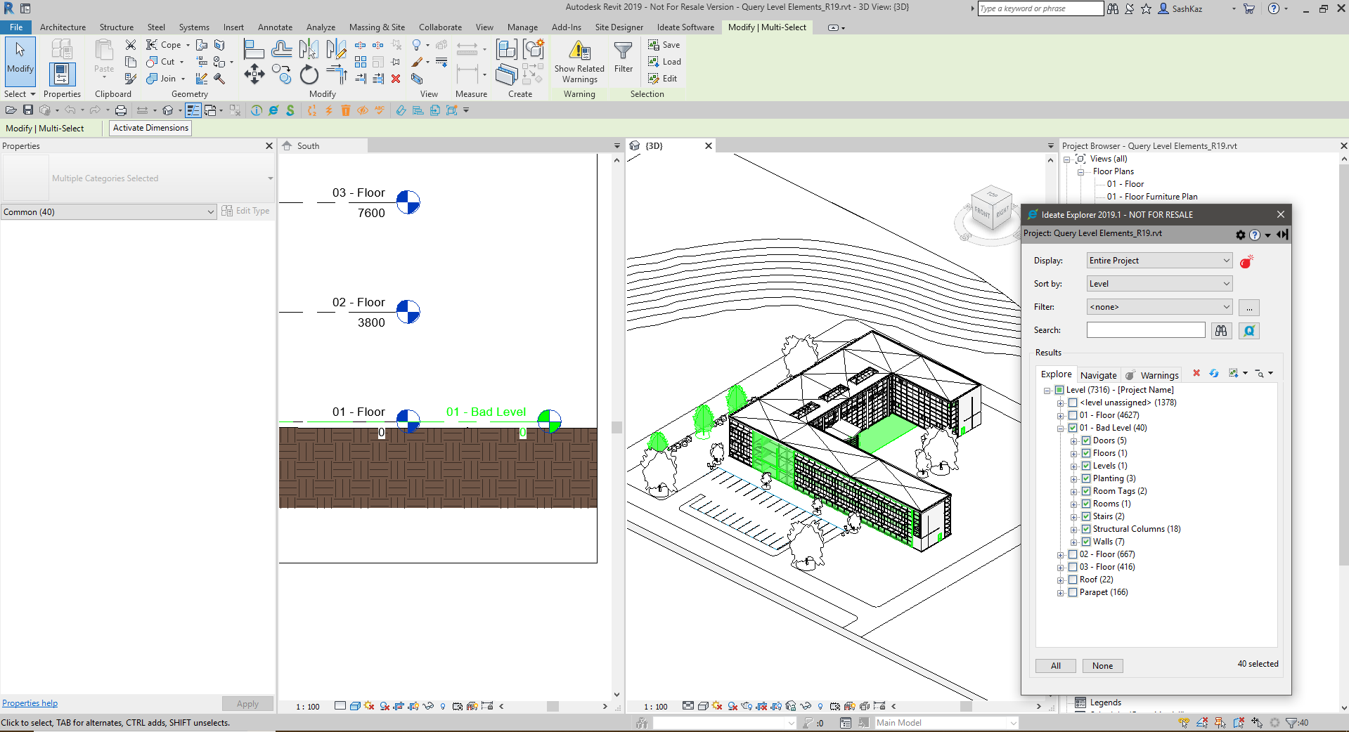 Example of using Ideate Explorer to select elements by level