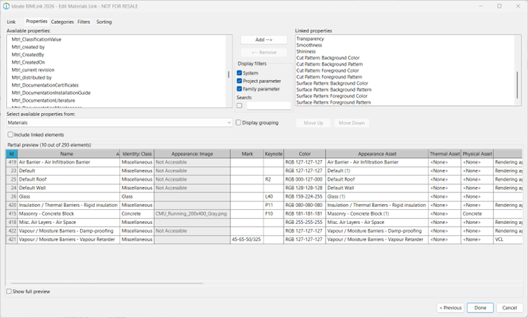 Here is an example of a BIMLink Materials definition showing the detailed properties of project materials.