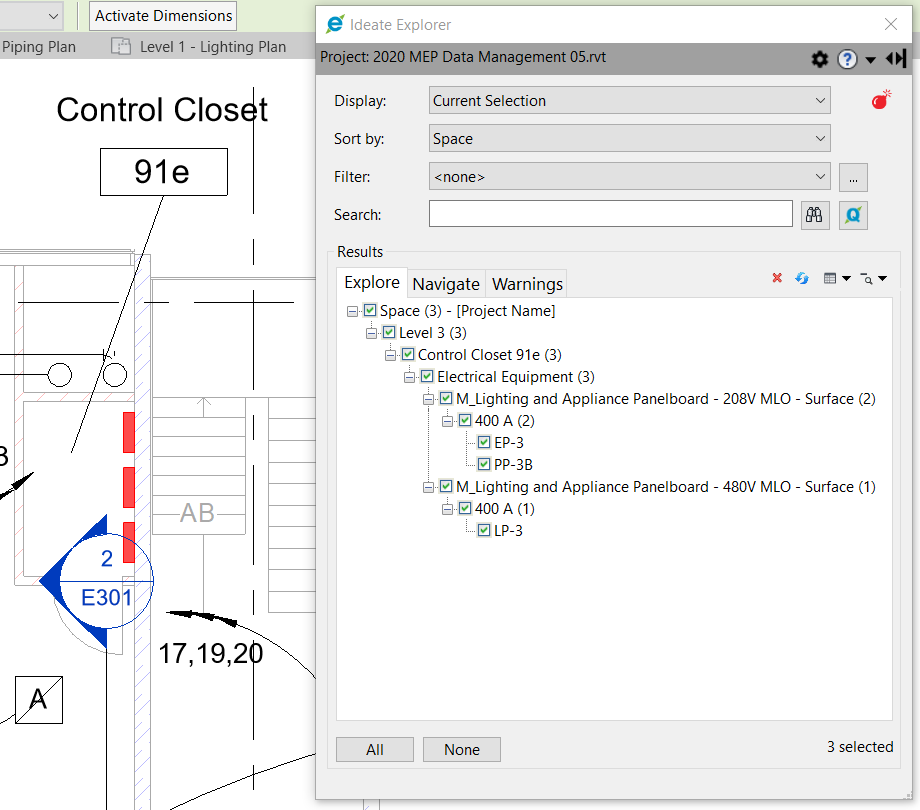 Ideate Explorer helps easily locate Electrical Equipment within the Revit model, and it can sort by