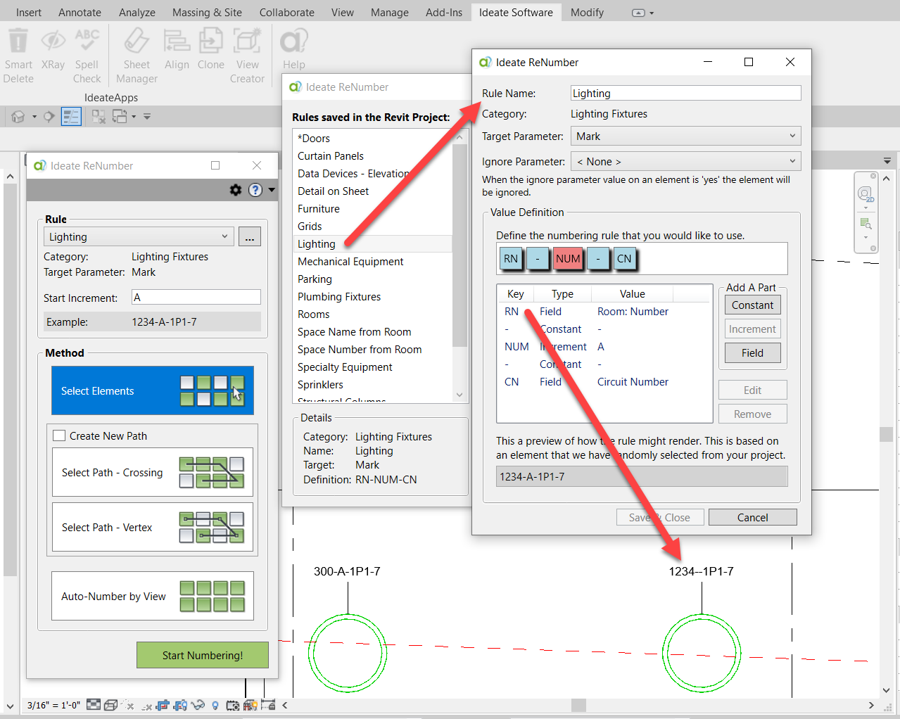 Ideate ReNumber ships with many pre-defined rules, and you can create your own rule that might extract the room number from the architect’s model. The room data doesn’t need to be loaded into a MEP Space first, which reduces errors and speeds up the process.