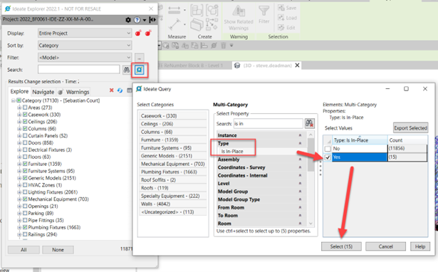 Select the categories you want to review and use Ideate Query to find the In-place families. Finding In-Place Families Using Ideate Query
