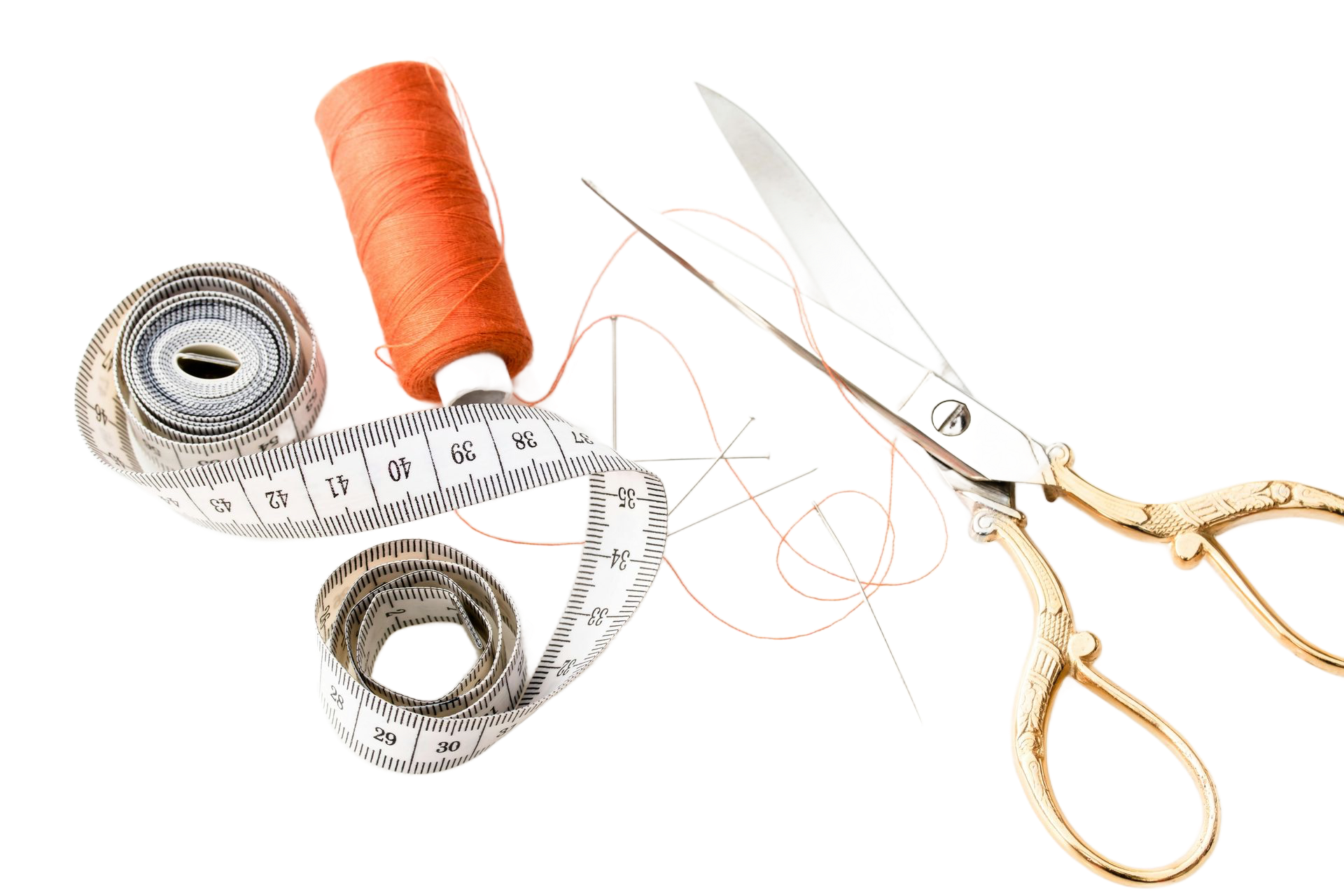 Tape measure, orange thread spool, gold scissors, and thread on white background.