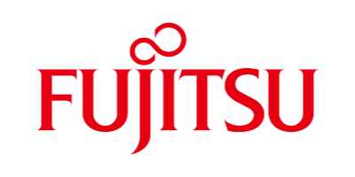 The fujitsu logo is red and white on a white background.