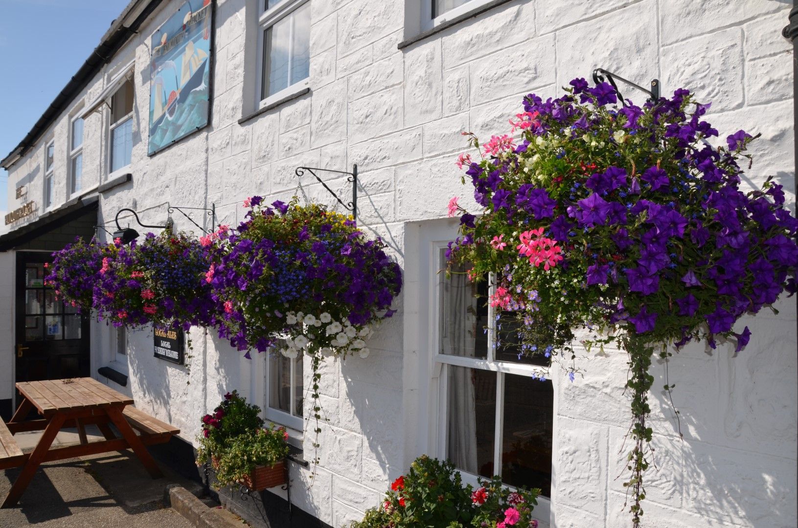 White building with purple and pink hanging flower baskets; sunny day.