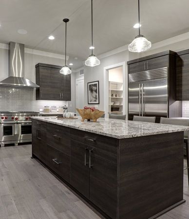 Modern Gray Kitchen Features Dark Gray Flat Front Cabinets Modern Gray Kitchen Features Dark Gray Flat Front Cabinets