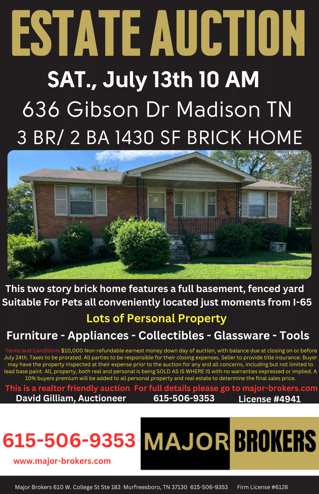 A flyer for an estate auction with a picture of a brick home