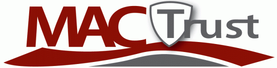 The mac trust logo is red and gray and has a shield on it.