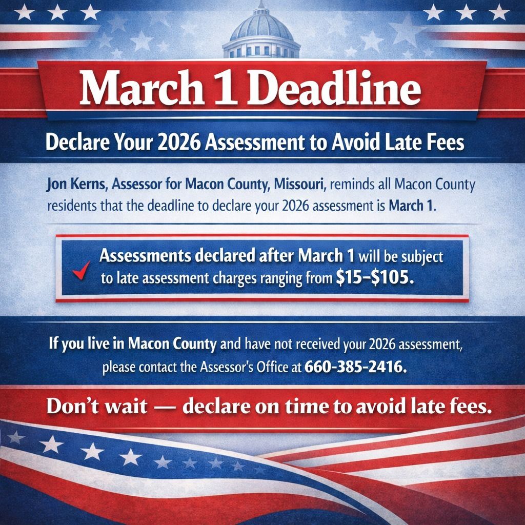 Red, white, and blue county notice: March 1 deadline to declare 2026 assessment and avoid late fees.