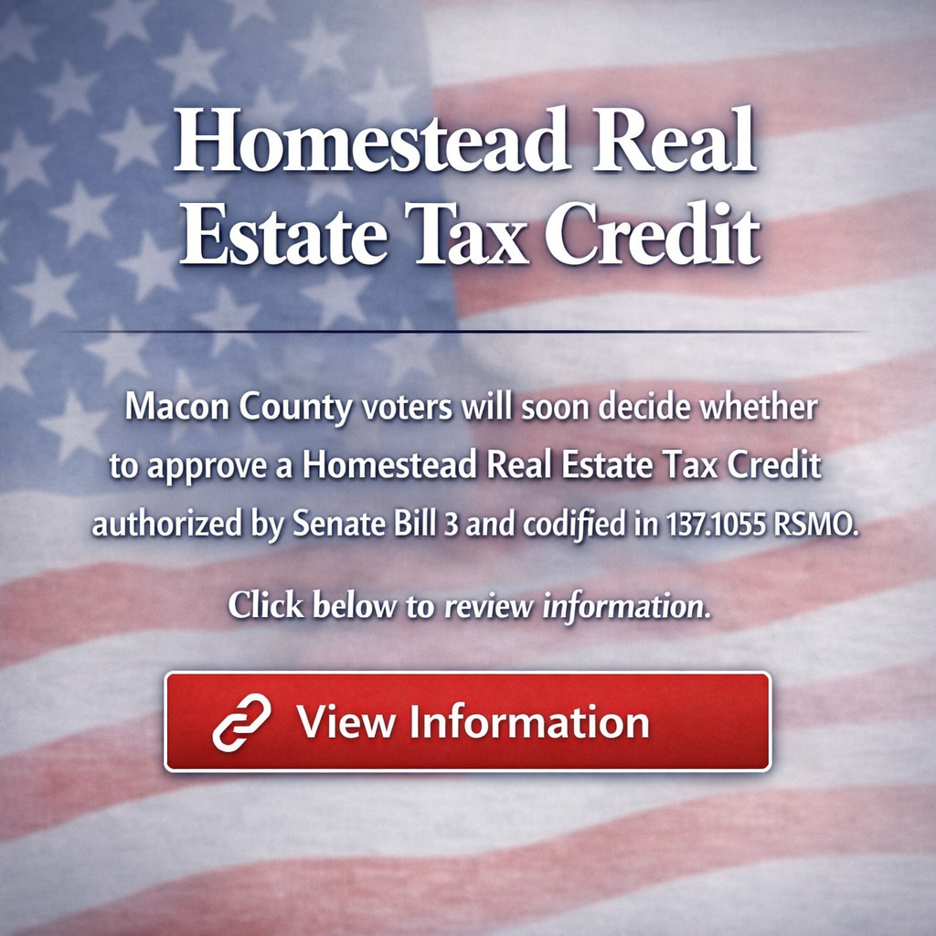 Link to More Information Homestead Real Estate Tax Credit notice over U.S. flag background with a red “View Information” button