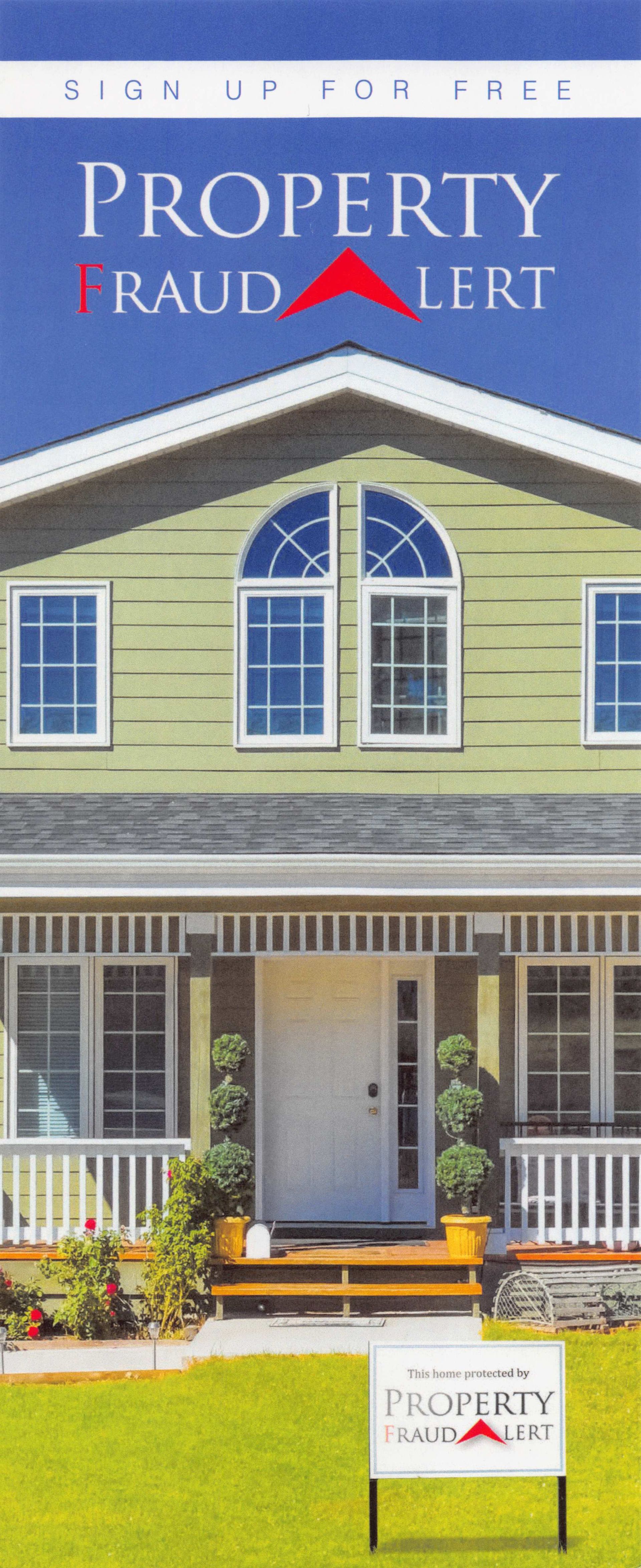 Property Fraud Alert brochure with a house illustration and red title text