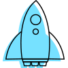 A blue rocket with two circles on it is flying through the air.