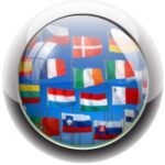 a button with a bunch of flags on it
