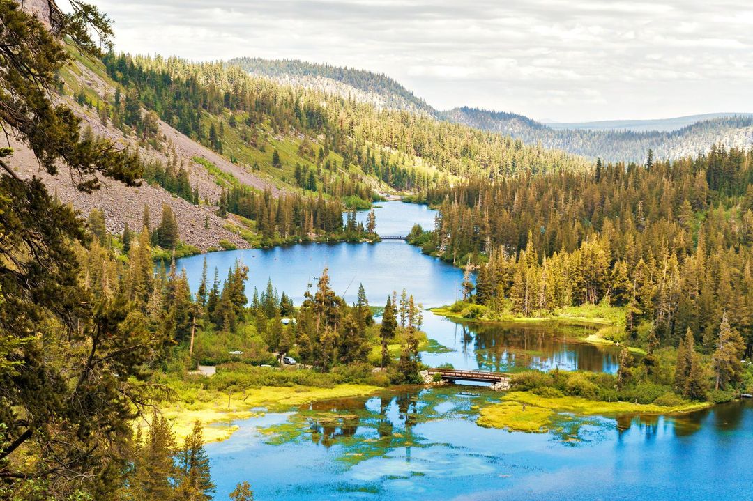 A lake in the middle of a forest with mountains in the background