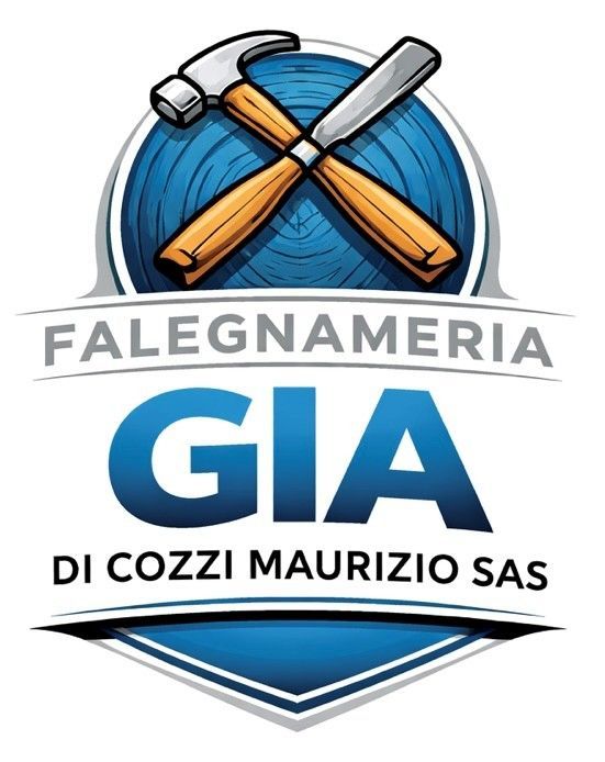 Logo marrone della Falegnameria Gia di Maurizio Cozzi con finestra ad arco e attrezzi in legno
