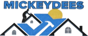 MICKEYDEES logo with blue houses, a yellow sun, and a white hammer icon