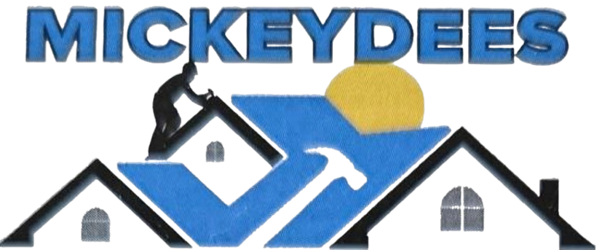 MICKEYDEES logo with blue houses, a yellow sun, and a white hammer icon