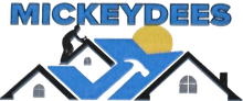 MICKEYDEES logo with blue houses, a yellow sun, and a white hammer icon