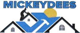 MICKEYDEES logo with blue houses, a yellow sun, and a white hammer icon