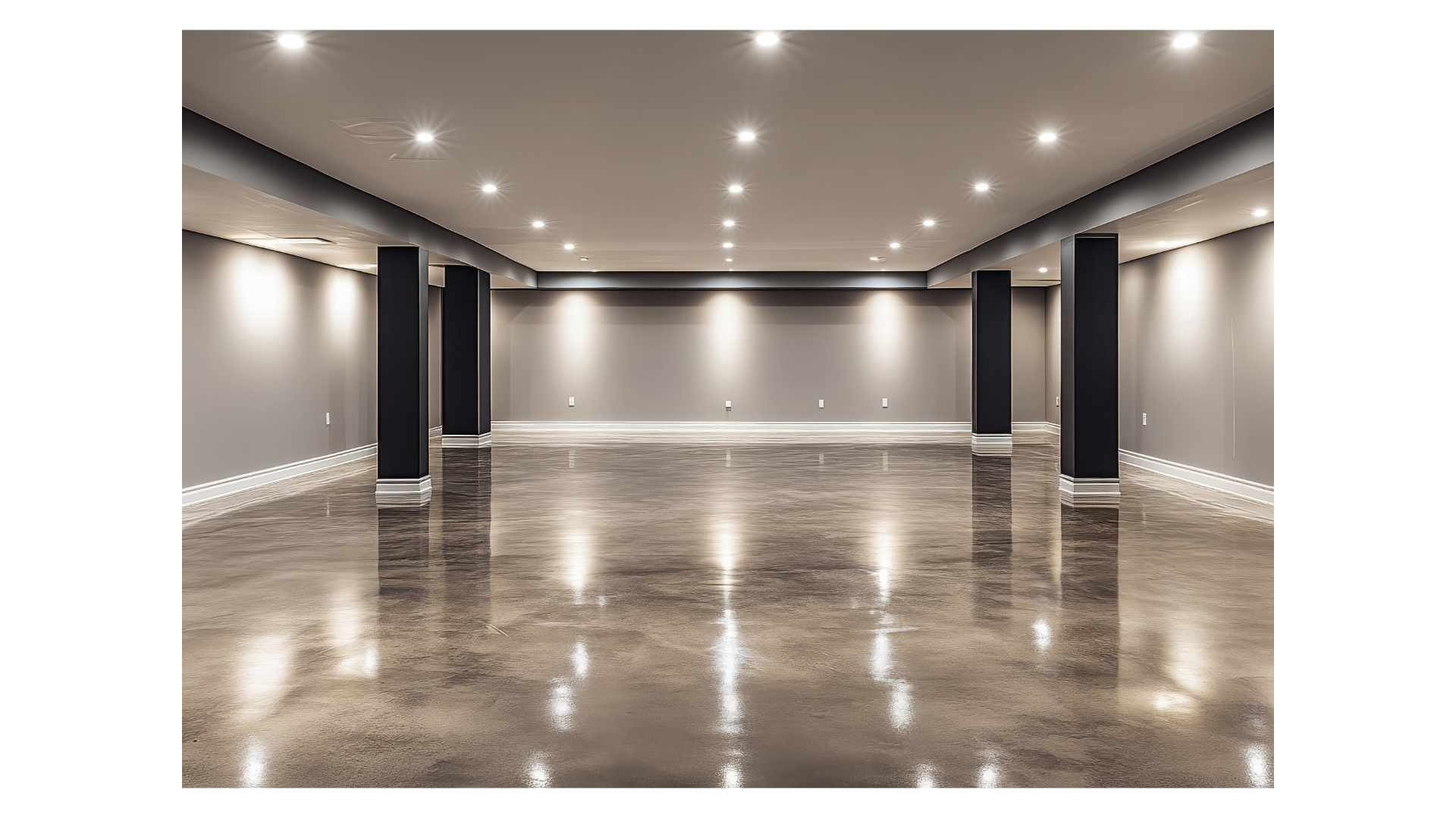 Empty modern hall with polished reflective floor, recessed lights, and dark columns