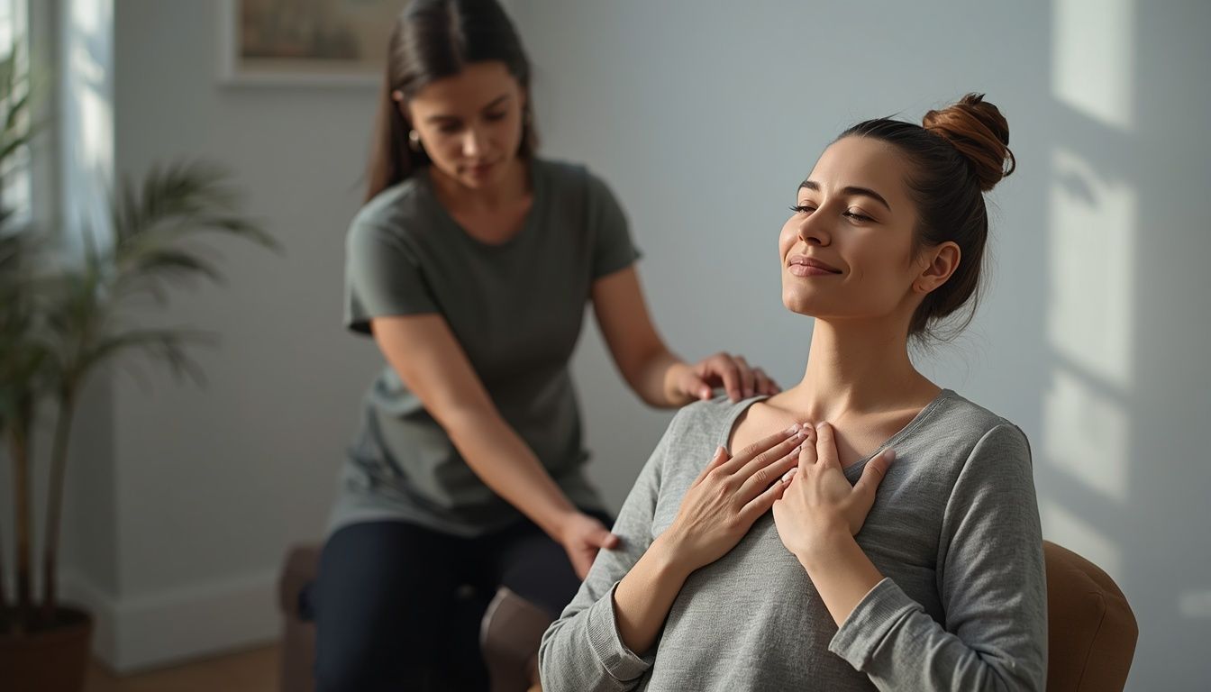 Woman practicing somatic breathwork with a facilitator in a calm, supportive wellness setting