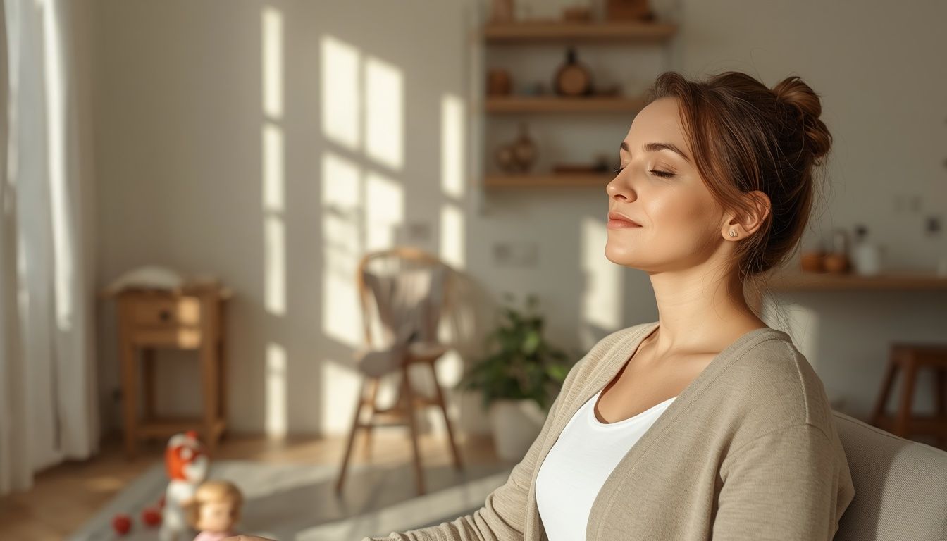 Mother practicing mindful breathwork at home during a quiet moment of self-care and relaxation