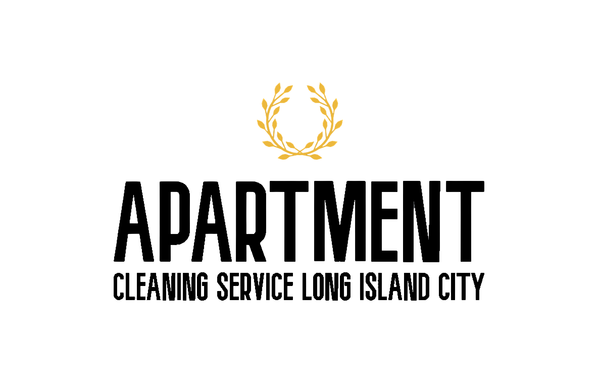 Apartment cleaning service logo for Long Island City with gold laurel icon and black text