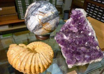 Tre diversi tipi di rocce sono appoggiate su un tavolo di vetro.