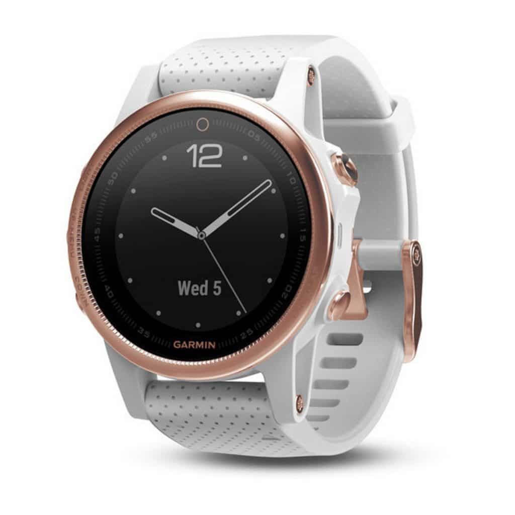 White and Rose Gold Garmin Smartwatch on A White Band, Displaying the Time and Date — K. Smith & Son Jewellers In Caloundra, QLD