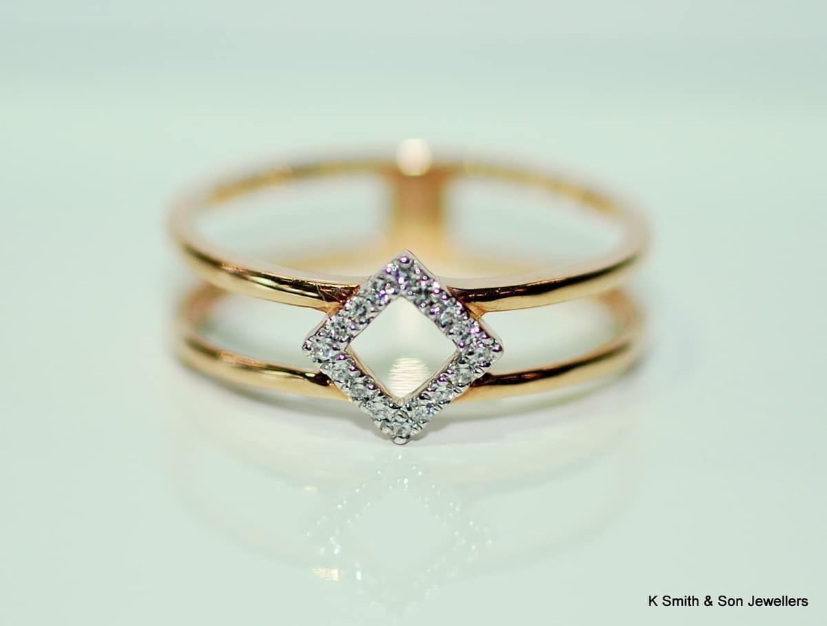Gold Ring with A Square, Diamond-Shaped Centerpiece, Set Between Two Parallel Bands — K. Smith & Son Jewellers In Caloundra, QLD