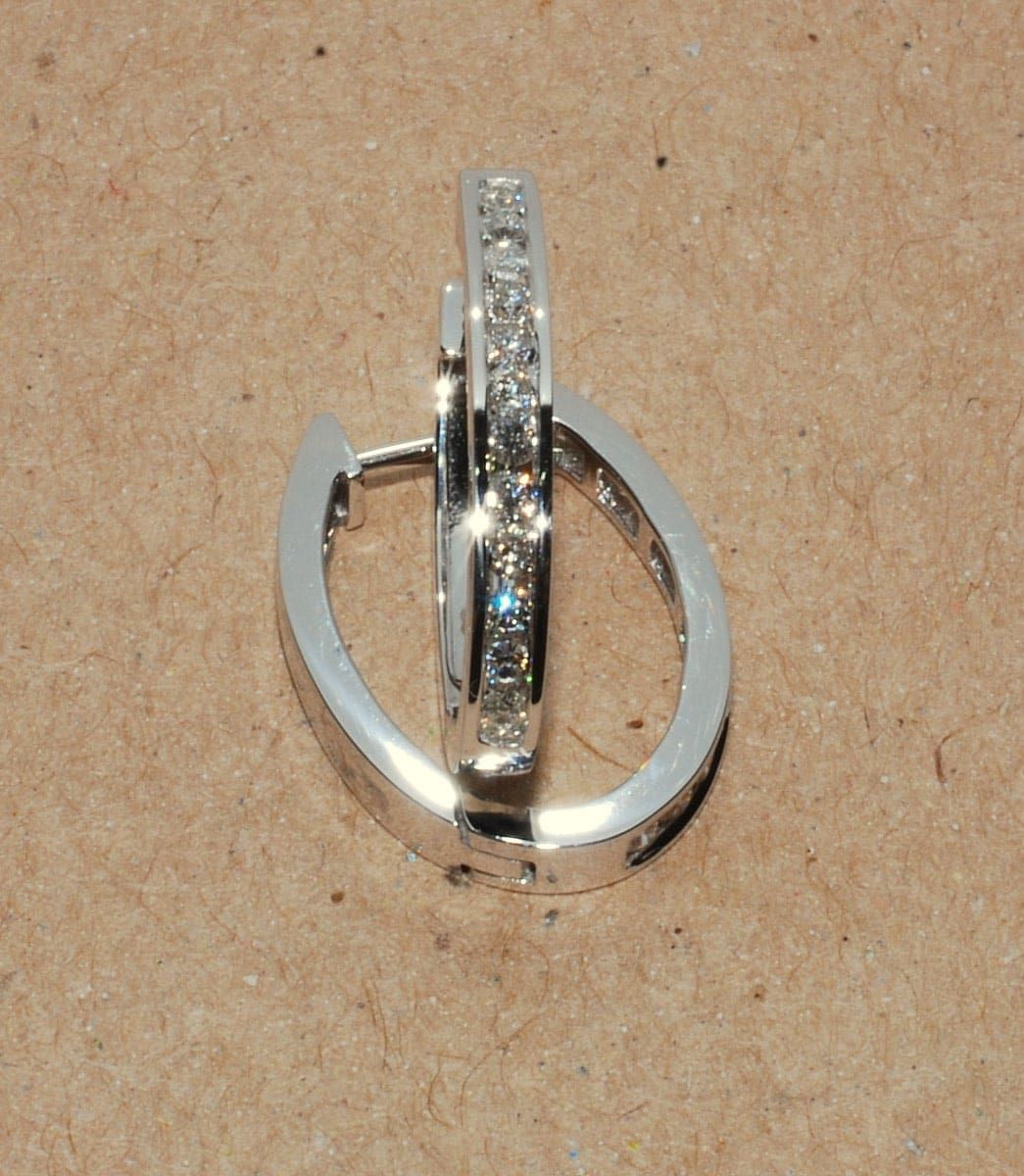 Pair of Silver Hoop Earrings with Diamonds. One Earring Is Upright, Showing the Clasp — K. Smith & Son Jewellers In Caloundra, QLD