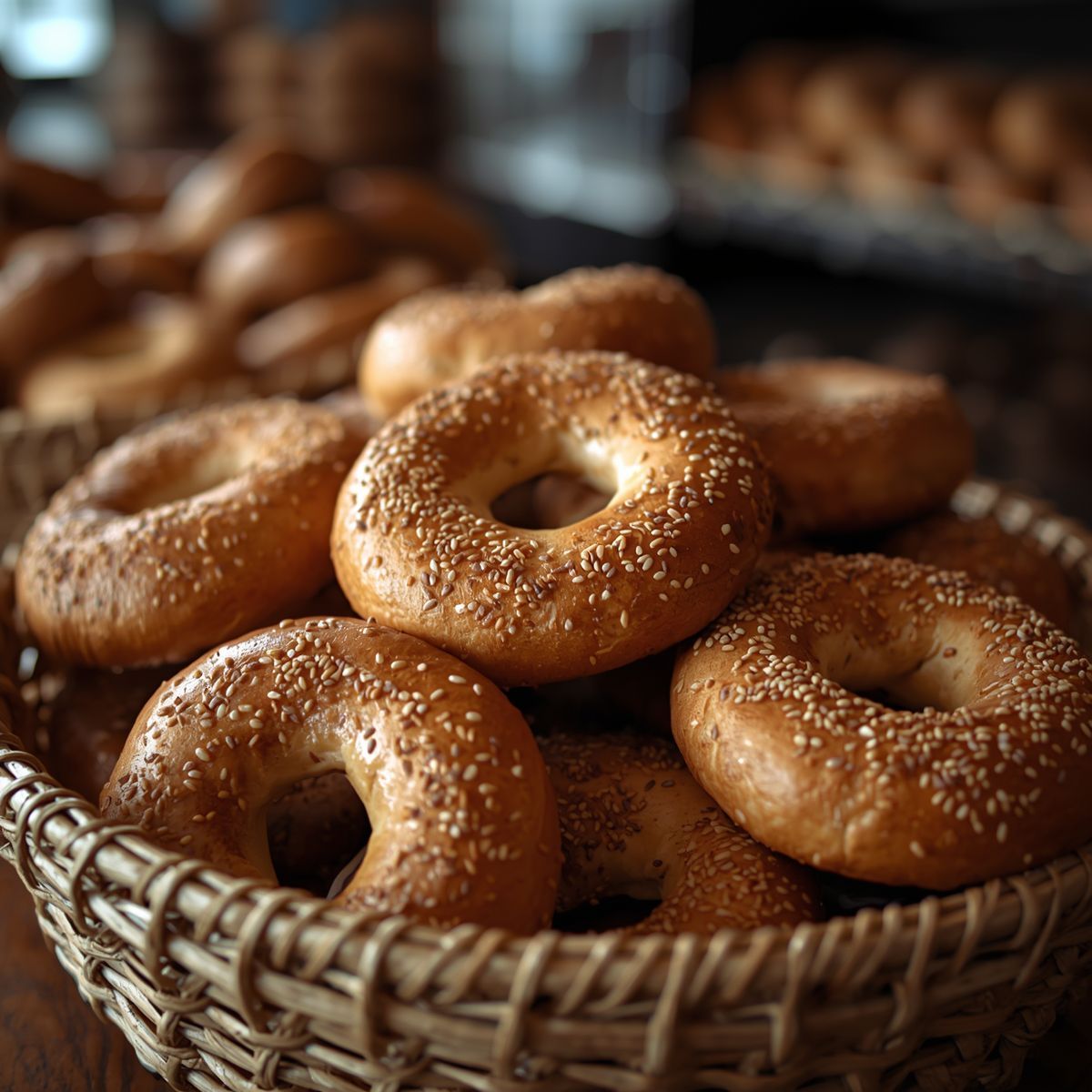 Basket of sesame-coated bagels on a wooden table, with more bagels blurred in the background