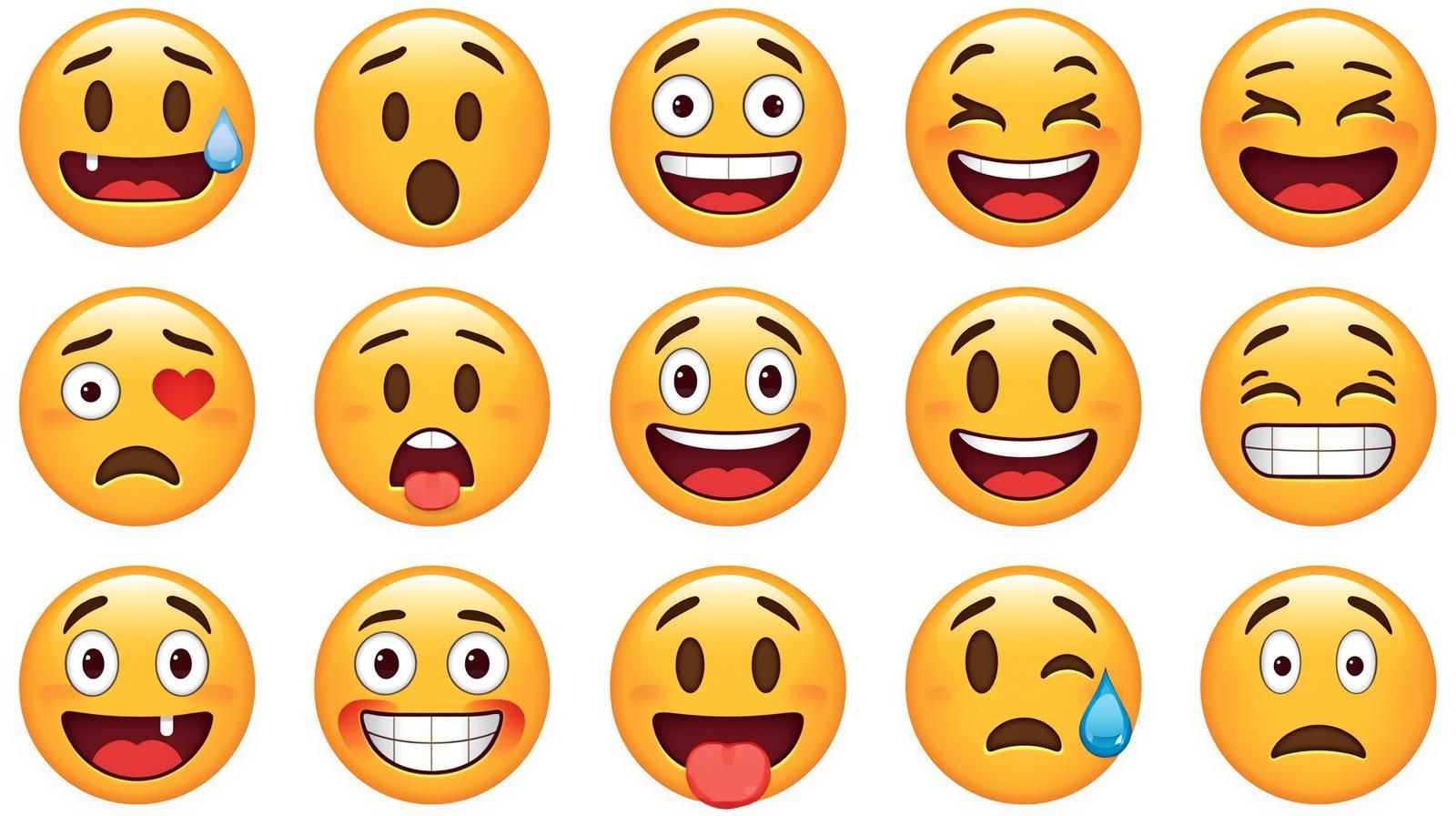 Yellow emoji faces, various expressions: surprised, happy, laughing, in love, sticking tongue out, winking, and crying.