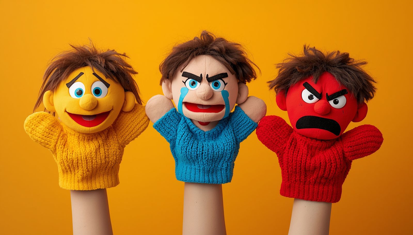 Three hand puppets with brown hair against a yellow background, displaying happy, crying, and angry expressions.