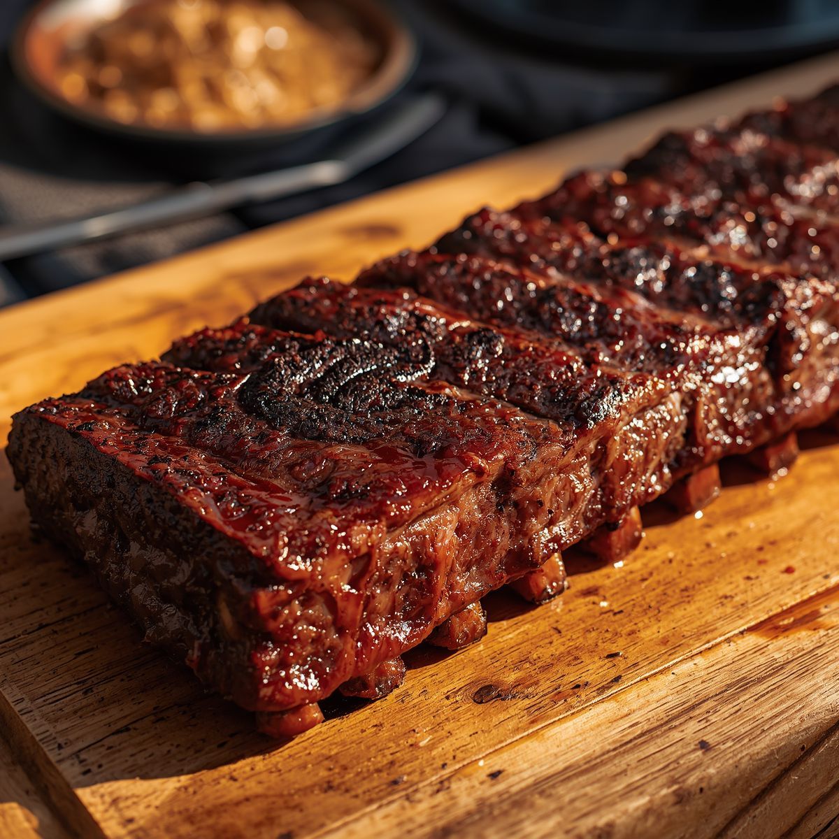 Charred glazed ribs on a wooden cutting board, with a blurred side dish in the background