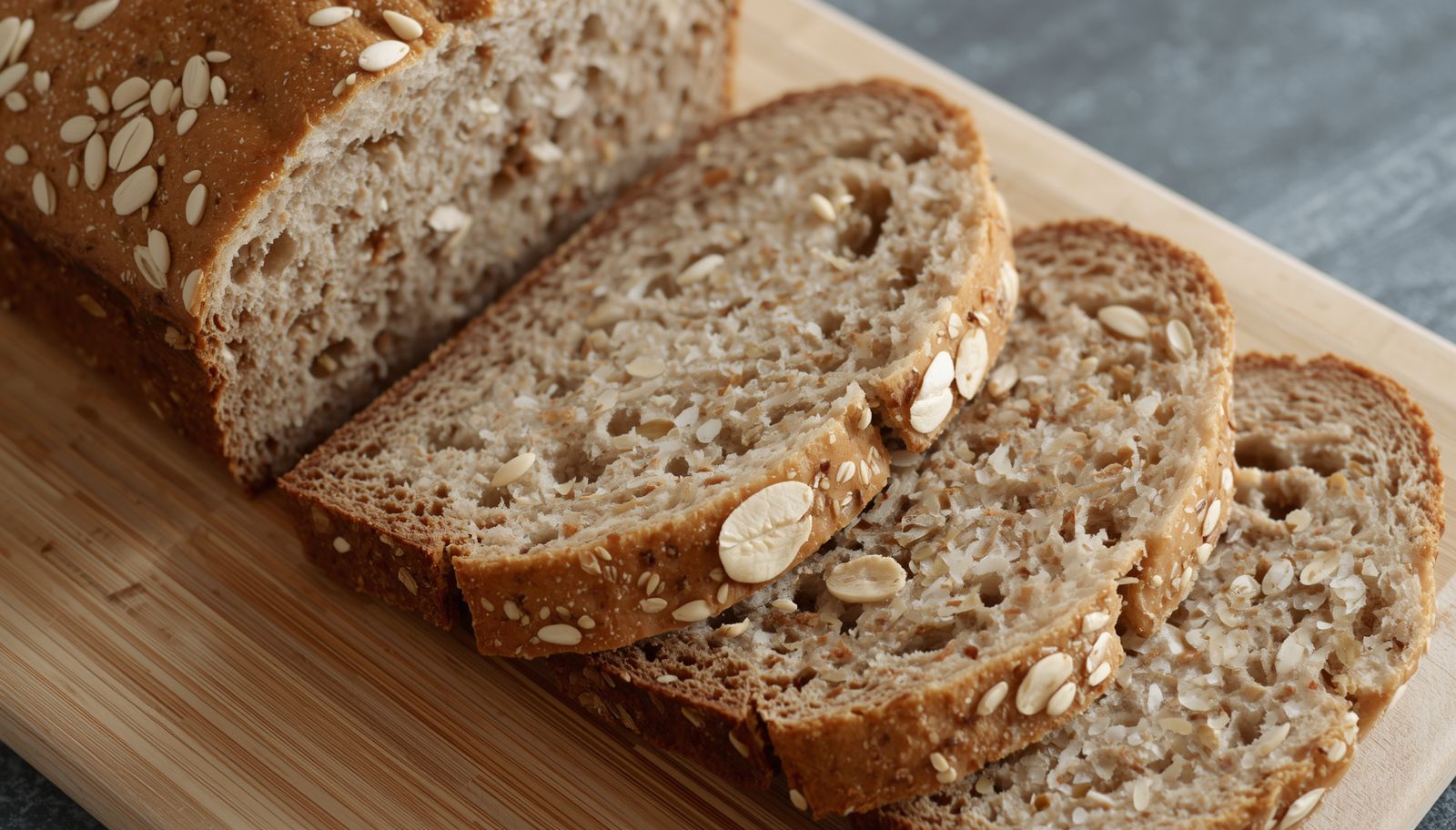Sliced multigrain bread loaf on a wooden cutting board